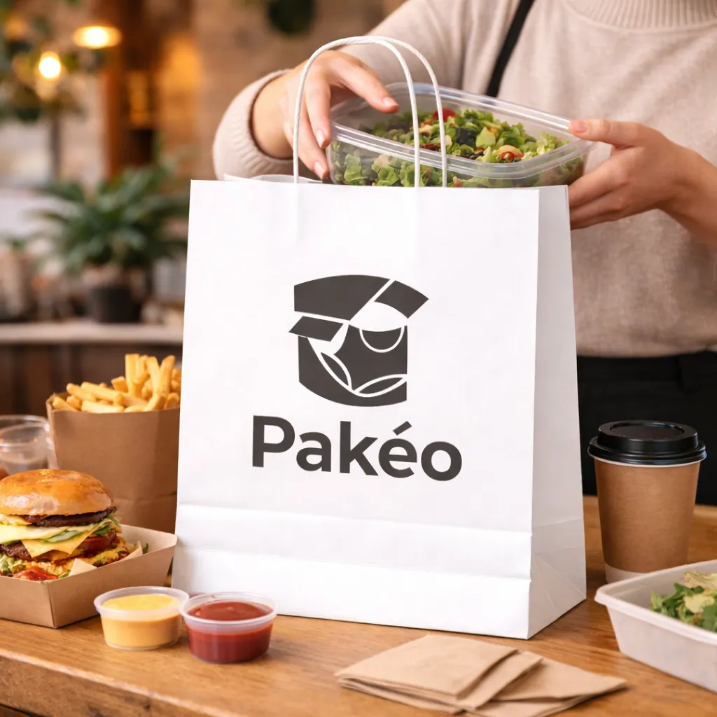 1 Bolsa blanca Pakéo mientras se coloca comida para llevar en restaurante.webp