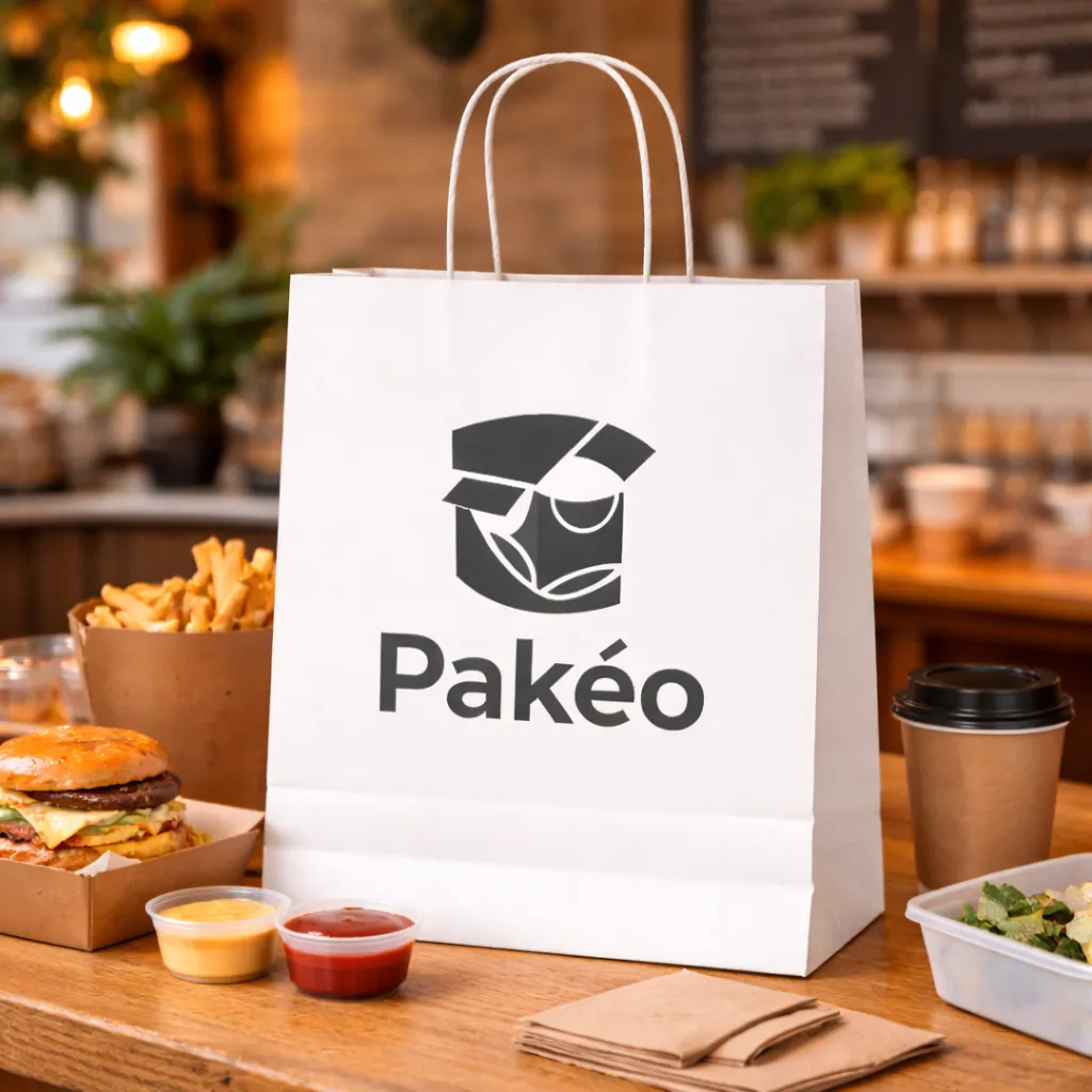 1Bolsa blanca Pakéo con comida para llevar en ambiente de restaurante.webp